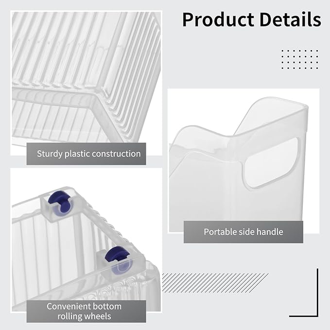 3 Pcs Freezer Drawer Organizer Bins - Clear Plastic Pantry Organizers with Wheels, Tall Narrow Kitchen Organization Rolling Freezer Bins for Bottom Freezer, Storage Containers for Home, Office