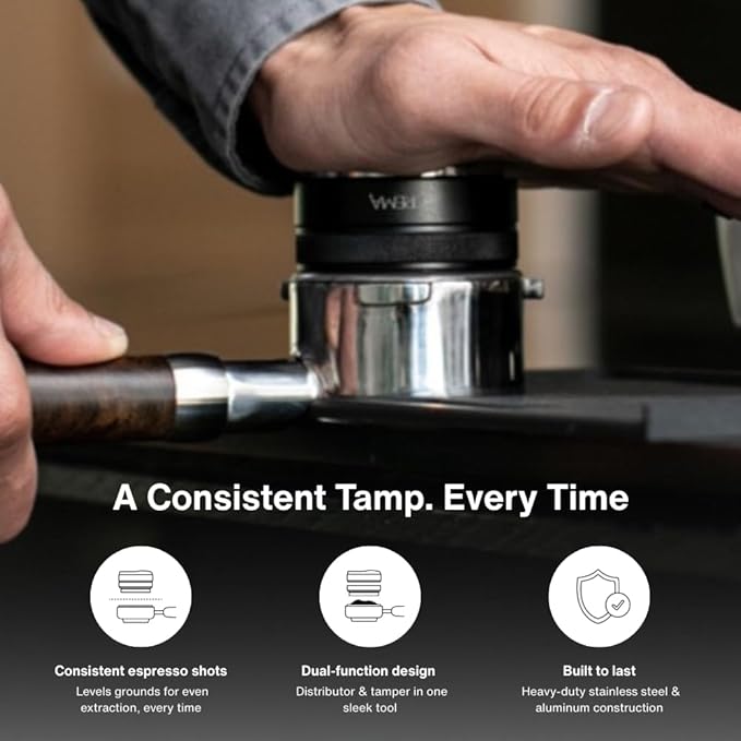 CREMA Coffee Products 51mm Hand Tamper & Coffee Distributor for Delonghi | Compatible w/any 51mm | Double-Sided, Adjustable Depth Tool | Durable 304 Stainless Steel | Silver