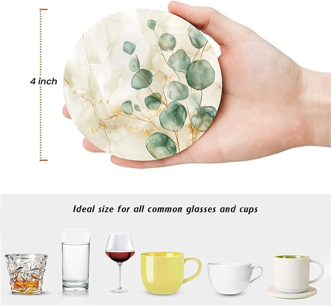 Eucalyptus Green Leaves Beige Marble Coasters Set of 6 for Drinks,Round Absorbent Ceramic Stone Coaster with Metal Holder,Herbs Plant Coasters with Cork Base for Coffee Kitchen Party Gifts