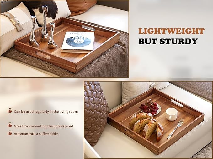Large Ottoman Tray for Living Room, 20" Extra Large Wooden Tray for Ottoman Square Big Acacia Serving Trays with Handles for Coffee Table, Breakfast, Appetizers, Dinner