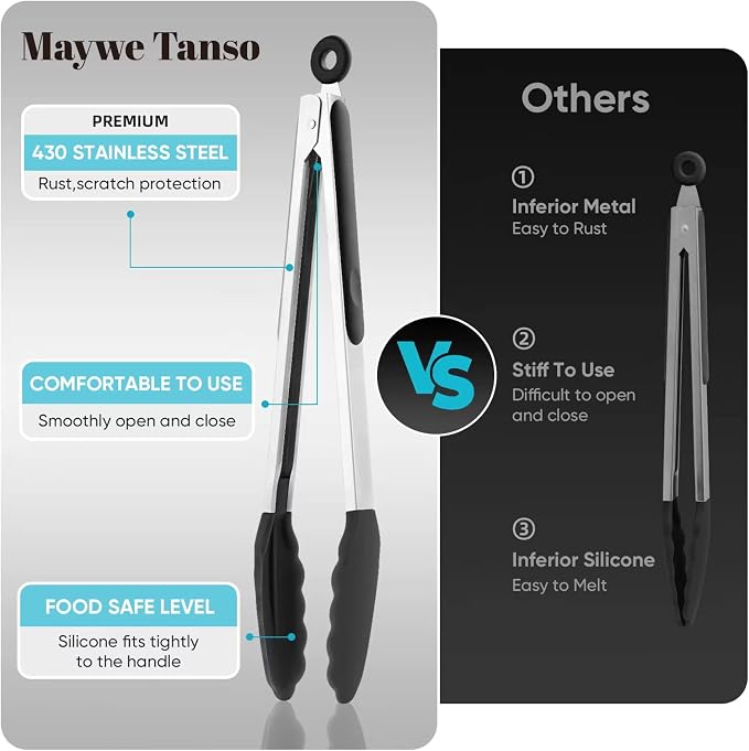 600℉ Heat Resistant Kitchen Tongs for Cooking with Silicone Tips,Maywe Tanso 12-Inch Stainless Steel Locking Cooking Tongs Food Tongs for BBQ,Cooking,Salad and Serving Food,Heavy Duty,Non-Stick,Black