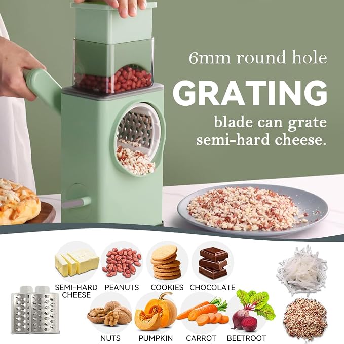 KEOUKE Rotary Cheese Grater 5 in 1 Green - Hand Crank Vegetable Cutter, Shredder, Slicer, Enlarge Input, Suction Base, Labor-Saving Handle, Blade Storage Box, for Onion, Potato, Vegetable, Nuts, etc