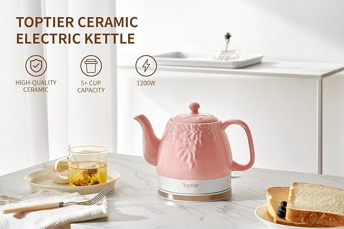 Toptier Electric Ceramic Tea Kettle, Boil Water Quickly and Easily, Detachable Swivel Base & Boil Dry Protection, Carefree Auto Shut Off, 1 L (1 LITER, Light Pink)