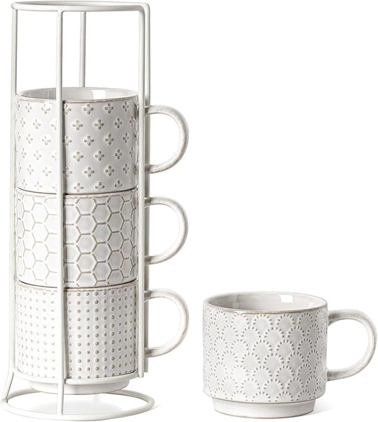 LE TAUCI Stackable Coffee Mugs Set with Stand, Ceramic Espresso Cups for Au Lait, Cappuccino,Latte,Cafe,Mocha,Tea, Suit For Housewarming Wedding- 8 oz, Set of 4,Arctic white