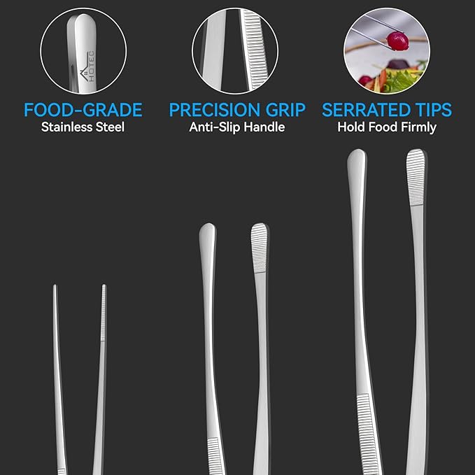 HOTEC Kitchen Tweezers Tongs Stainless Steel Professional Chef Tweezers, Set of 3-6.3", 10" and 12inch Food Tongs for Cooking, Repairing, Dessert, BBQ, Meat, Pasta