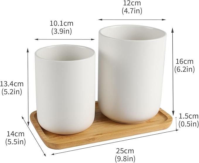 Utensil Holder,6.2"+5.2" Ceramic Utensil Caddy for Kitchen Counter with Bamboo Tray,Countertop Cooking Silverware Organizer for Spatula,Spoon,Knives Forks Caddy Holder,Kitchen Decor,Set of 2