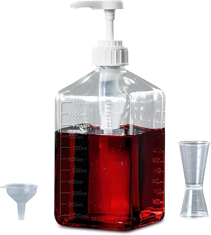 Large Capacity Syrup Dispenser for Coffee Bar, Pump Dispenser 37oz 1100ml Glass Syrup Bottle w Measuring Cup and Funnel, Dispenser Bottle w Upgraded Pump