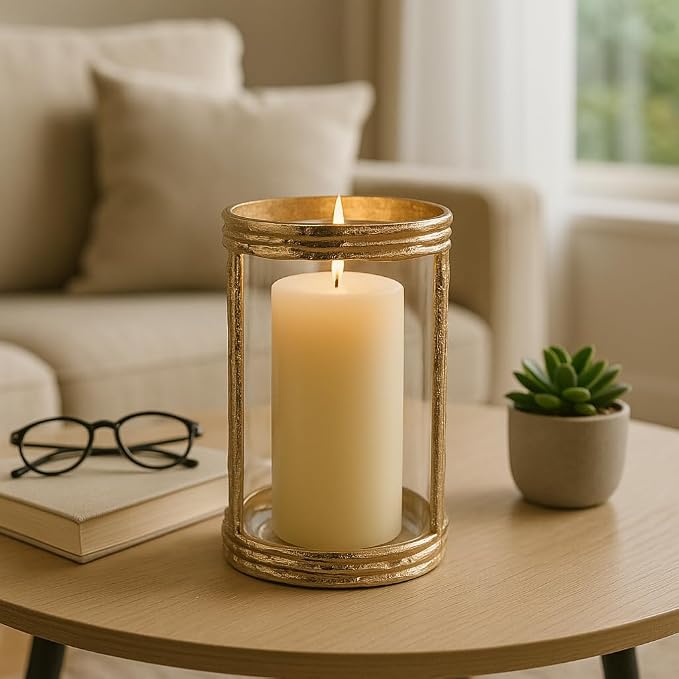 Modern Glass Candle Holder Hurricane for Home Decor - Elegant Pillar Candle Holder for Table Centerpieces Accent - Decorative Candle Stick Holder for Mantel or Entryway Table - 8", Gold & Clear