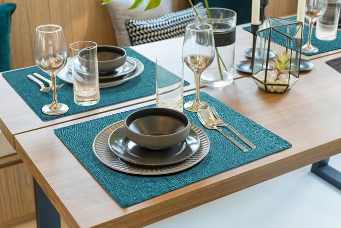 homing Faux Cotton Linen Placemats Set of 8, Cloth Washable Farmhouse Dining Table Mats for Indoors & Outdoors, Easy to Clean, Teal, 13 x 19 Inch