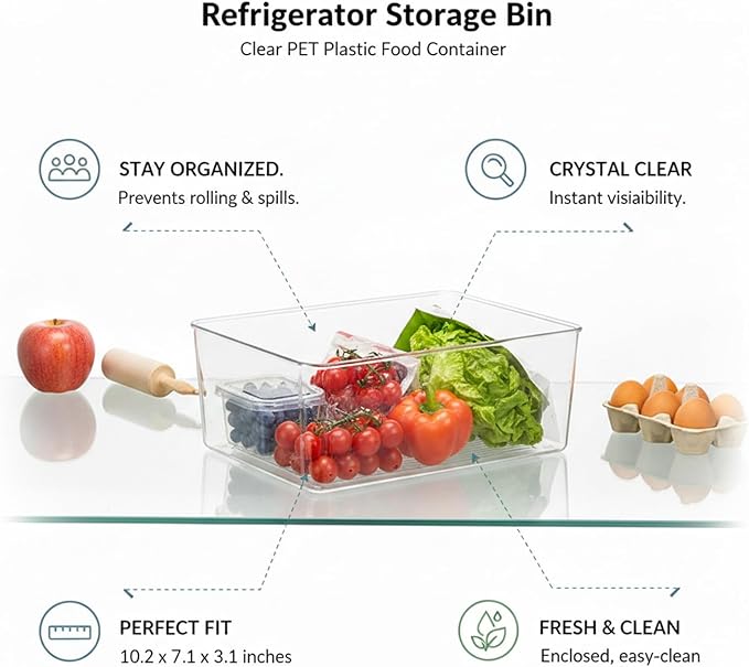 Refrigerator Storage Bin for Organization, Clear PET Plastic Food Container with Handles, Slide-Out Organizer Box for Fridge Shelves, Pantry, and Countertop, 10.2 x 7.1 x 3.1 Inches