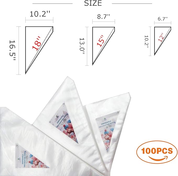 TOSSOW Pastry Bags 100 Pack Disposable Decorating Bags Thickened Piping with 3 Icing Bags Ties Fit for all Sized Tips Kit and Couplers TOSSOW Bakeware Cookies Candy Supplies Tools (12 Inch)