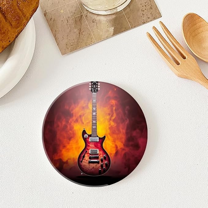 Round Ceramic Stone Cork Drink Coasters, Red and Black Guitar with Flames Absorbent Removable Non-Slip Cup Mat Place for Kitchen Counter Drinks Coffee Cup Tableware Set of 1 (4 * 4 Inch)
