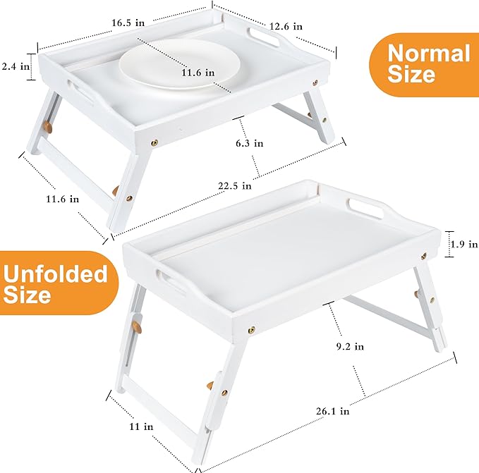 Greenual 2 Pack Bed Tray Table with Handles Folding Legs, Bamboo Breakfast Food Tray with Media Slot, Use As Platter, Laptop Desk, Snack, TV Tray Kitchen Serving Tray(White)
