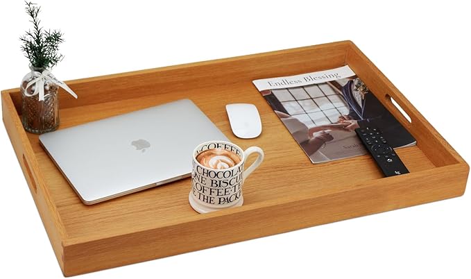 28 x 18 Inches Extra Large Rectangle Teak Wood Ottoman Tray with Handles, Serve Tea, Coffee Classic Wooden Decorative Serving Tray