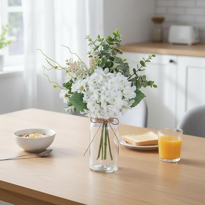 LADADA White Artificial Hydrangea Bouquet with Glass Vase - 15.7" Faux Hydrangea & Eucalyptus Arrangement, Fake Flowers in Vase for Table Centerpiece, Bathroom, Kitchen & Farmhouse Home Decor