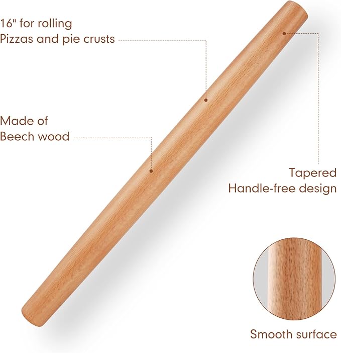 QUELLANCE 16 Inch Wood Rolling Pin for Baking, Wooden French Dough Roller with Purple Silicone Pastry Mat, Beech Wood Rolling Pins for Baking Dough, Pizza, Pie, Pastries, Pasta and Cookies