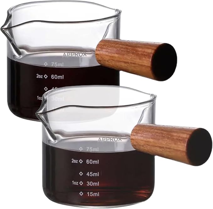 2 Pack Espresso Shot Glass With Wooden Handle, Accessories with Double Spouts Espresso Machine Accessories Coffee Bar Essentials Precise 75 Ml Coffee Measuring Cup