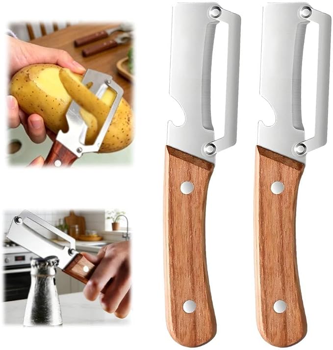 Multi-Functional Vegetable Peeler fo Kitchen: 2 in 1 Stainless Steel Peeler with Wooden Handle and Bottle Opener - Peelers for Potato Pumpkin Papaya Zucchini (2 pcs)
