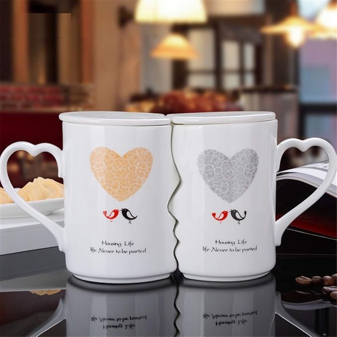Creative Kissing Mugs Set, Ceramic Couple Coffee Mug with Lid, 12 OZ White Heart Tea Cup Set for Anniversary, Wedding, Birthday Gift