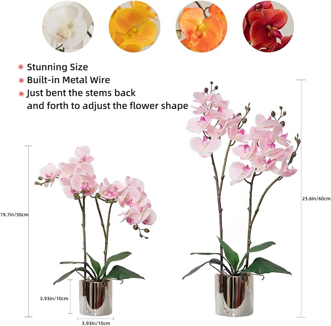 CXGS Artificial Orchid Flower Plant Real Touch Faux Orchids in Ceramic Vase Pink 19.7'' Fake Phalaenopsis Flower Arrangement Centerpiece Home Indoor Decor