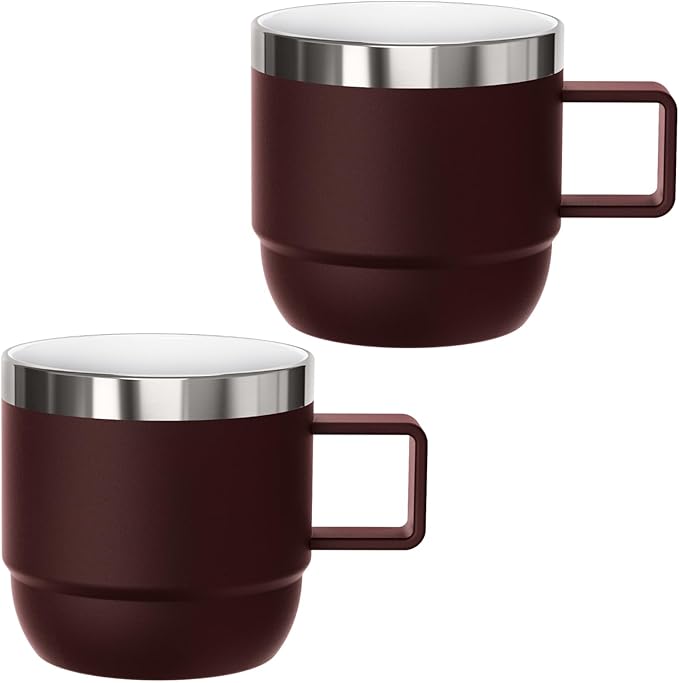 6 oz Small Espresso Mug with Handle, Ceramic-Lined 18/8 Stainless Steel, Double-Wall Vacuum Insulated, Stackable, Dishwasher Safe, for Cortado & Flat White, 2 Pack, Wine Red