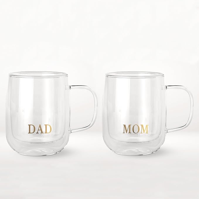 COLLECTIVE HOME - Double Walled Glass Coffee Mugs, Insulated Coffee Mug with Handle, Wedding gifts, 14oz Couple Mug Sets (Mom & Dad)