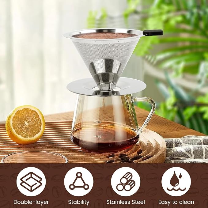 Pour Over Coffee Dripper With Cleaning Brush,Upgraded Double Micro Mesh Filter with Cup Stand,Stainless Steel Coffee Filter,Reusable Coffee Filter,Pour Over Coffee Maker(3-4cup)