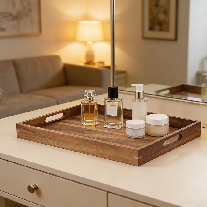2 Pack Acacia Wood Serving Trays with Handles Rectangular Large Wooden Tray for Ottoman Coffee Table Decorative Trays for Living Room Bedroom Entryway Kitchen Home Decor