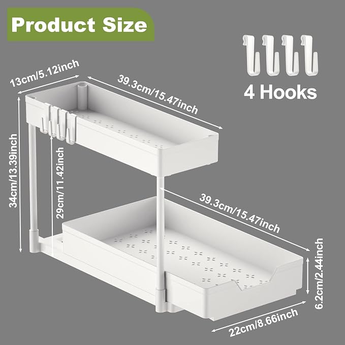 Under Sink Organizers and Storage, L-Shape Kitchen Bathroom Organization, 2-Tier Sliding Storage Under Bathroom Kitchen Sink Cabinet Organizer Shelf Pull Out 2 Pack (White)