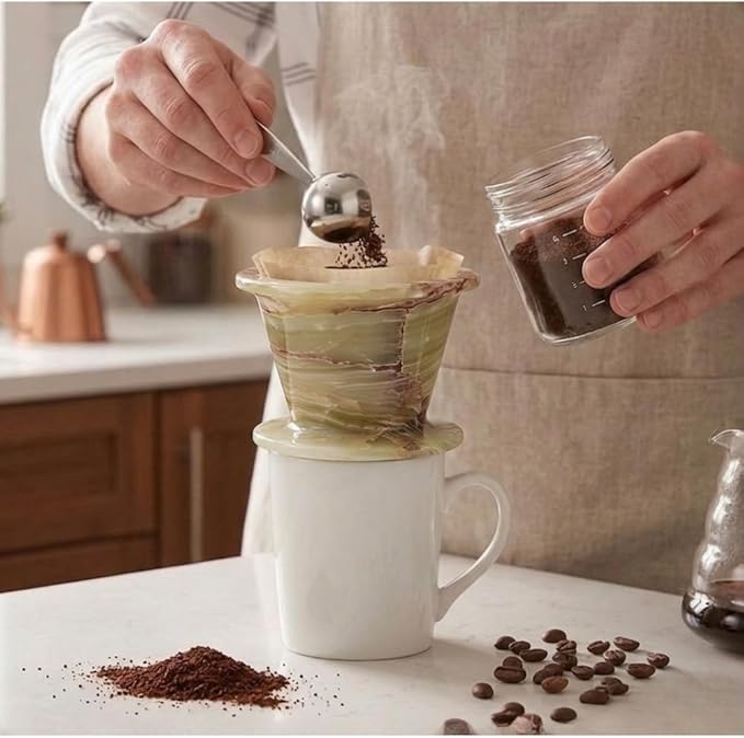 Marble Pour Over Dripper – 4.5 Inch Green Onyx Handmade Coffee Filter Dripper, Manual Pour Over Coffee Maker, Reusable Coffee Brewing Cone for Kitchen Coffee Bar