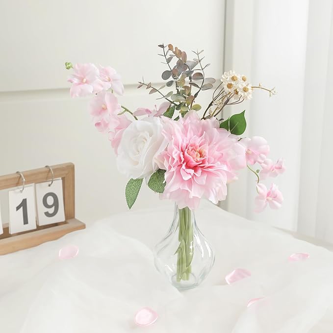 Faux Flowers with Vase,Small Artificial Silk Roses in Vase, Fake Plant Eucalyptus Flower Arrangement for Home Office Decoration, Living Room and Dining Table Centerpiece
