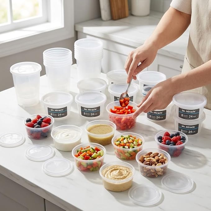 Mr Miracle 8OZ Deli Containers with Lids - 48 Pack of 8 oz Clear Airtight Reusable Plastic Food and Multi-Purpose Deli Containers - Microwave, Freezer, and Dishwasher Safe