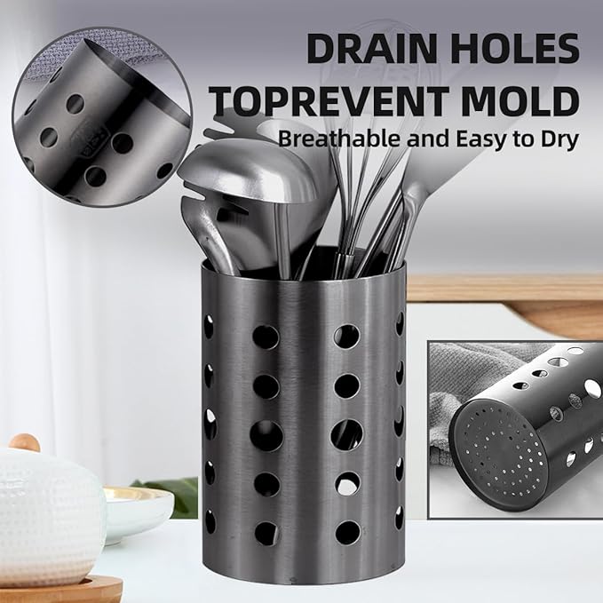 QRU Kitchen Utensil Holder for Countertop (H6.7” x W4.1”), Stainless Steel Cooking Utensil Caddy for Tools, Spatulas, Spoons, Silverware & More, Cooking Utensil Organizer, Kitchen Decor (Black)