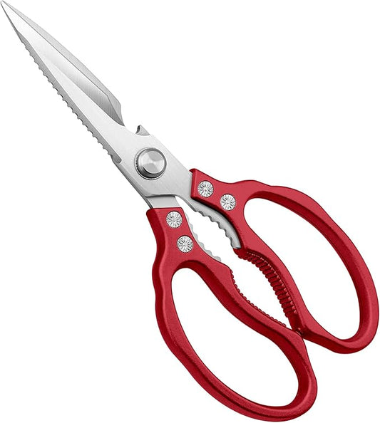 CGBE Kitchen Scissors All Purpose Heavy Duty, Ultra Sharp Stainless Steel Kitchen Shears Dishwasher Safe, Cooking Shears for Chicken, Poultry, Fish, Meat, Herbs & Grapes with Non-Slip Grips (Red)