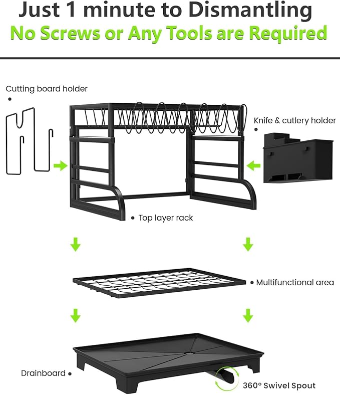 2-Tier Foldable Dish Drying Rack with Drainboard, Stainless Steel Large Capacity Kitchen Counter Organizer with Cup Holder, Utensil & Cutting Board Storage, No Assembly Required, Black