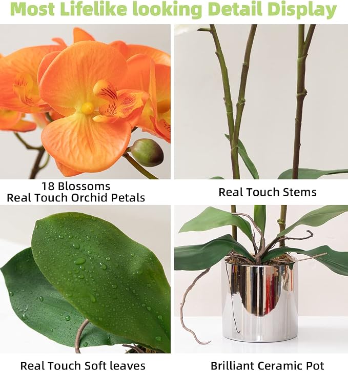 CXGS Artificial Orchid Flower Plant Real Touch Faux Orchids in Ceramic Vase Orange 19.7'' Fake Phalaenopsis Flower Arrangement Centerpiece Home Indoor Decor