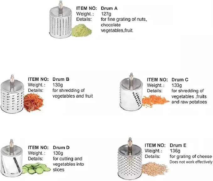 5-in-1 Rotary Cheese Grater Hand Drum Slicer Manual Cheese Shredder Multi-function Stainless Steel Vegetable Chopper Cutter with 5 Blades for Fruit Potato Cucumber Lemon Nut, Silver(Type1)