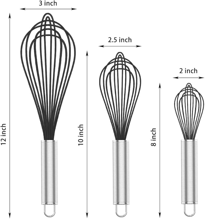 OYV Silicone Whisk,3 pack Professional whisks for cooking non scratch,Stainless Steel & Silicone wisk,plastic rubber whisk for nonstick cookware,small silicone whisk set,black