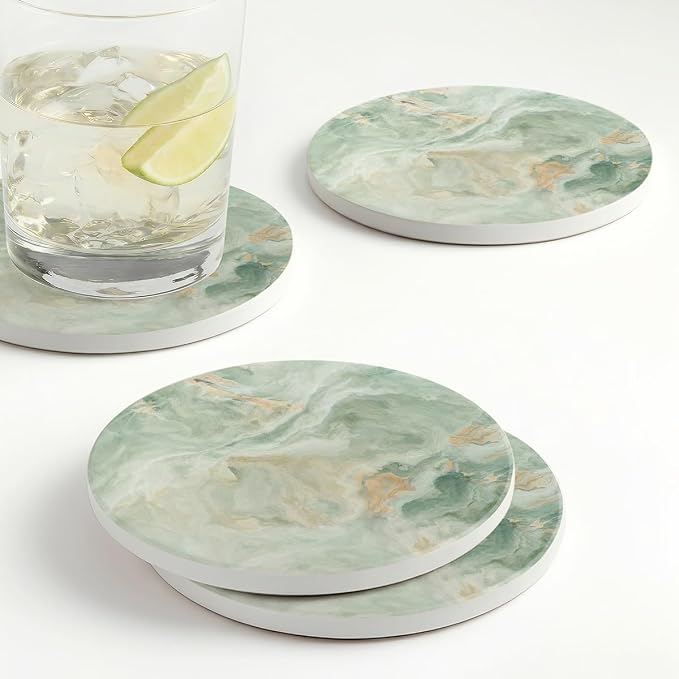 Set of 6 Sage Green Marble Coasters with Holder,Absorbent Ceramic Coasters for Drinks, Coasters with Cork Backing for Table Protection, Housewarming Gifts for New Home