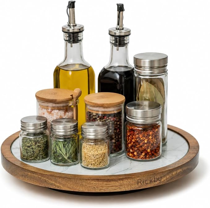 Rickby, 12" Premium Acacia Wood Lazy Susan Turntable for Table Top with Removable Marble Texture Glass Plate, Wooden Lazy Susan for Dining Table Centerpiece & Kitchen Countertop