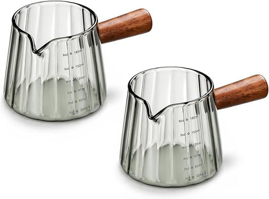6 oz Espresso Cups - Glass Measuring Cups with Spout - Ribbed Small Creamer Pitcher- Expresso Shots Cup with Wood Handle for Coffee Milk, Dishwasher Safe (Grey, 2 pack)