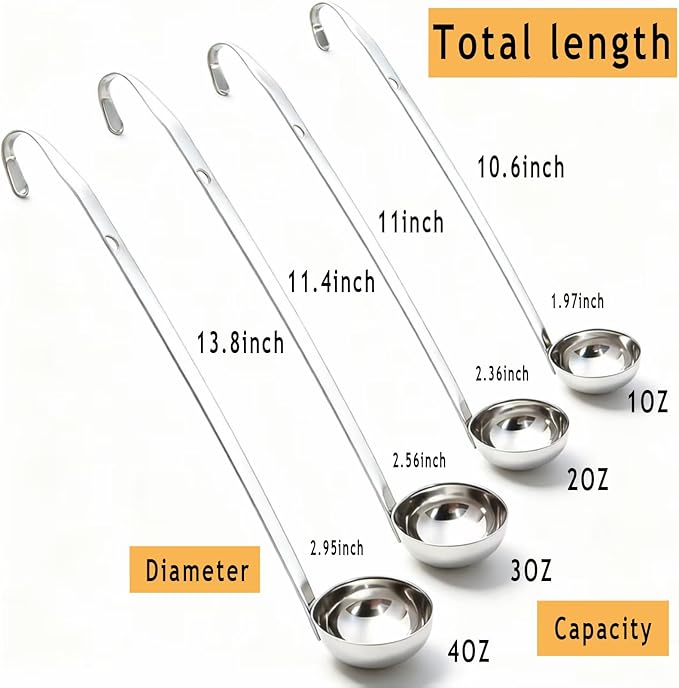 Markeny 4 Pieces Stainless Steel Soup Ladle Metal Handle Ladle with Pouring Rim,1oz/2oz/3oz/4oz Set Ladles for Cooking Soup Sauce