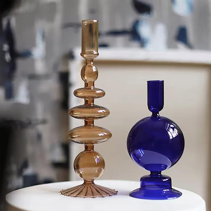 Glass Candlestick Holders Simple Creative Glass Vase Candle Holder Colorful Glass Pillar Candle Stand Candlestick Wavy Elegant Glass Candlestick for Home Centerpiece (Brown K)