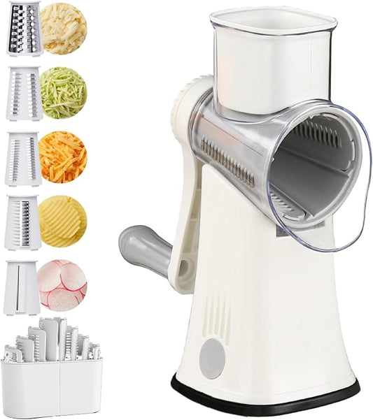 Rotary Cheese Grater: 5 in 1 Cheese Grater with Handle Vegetable Slicer with 5 Interchangeable Blades, Storage Box, Green Cheese Shredder with Strong Suction Base for Kitchen (White)