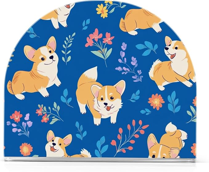 Cute Corgis Dog with Floral on Cobalt Blue Background Napkin Holder for Table Acrylic Cocktail Napkin Holders Small Decorative Napkin Dispenser for Home Party Holiday Dining Kitchen Accessor, 2 Pack
