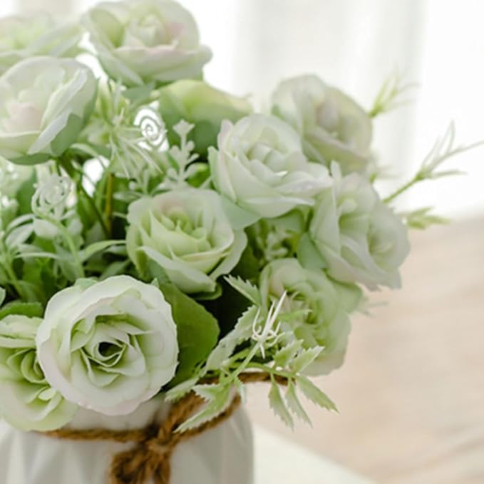 TKAS Fake Flowers Arrangement in Ceramic Vase, Artificial Faux Silk Roses, Small Realistic Dried-Style Floral, Dining Table Centerpiece for Wedding Party Home Decoration (Green)