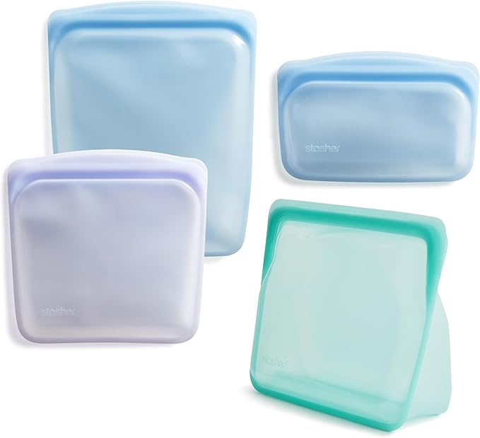 Stasher Silicone Reusable Storage Bags, 4-Pack, Reusable Freezer Bags, Microwave, Dishwasher, Oven Safe, Sous Vide, Premium Lunch Containers, Eco Friendly, Food Storage Bags, Snack Bags, Multicolor | Reusable Food Bag