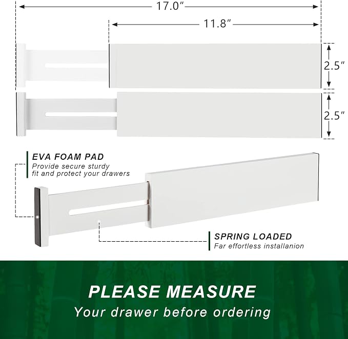 4 Pack Bamboo Drawer Dividers 2.6" High, Adjustable Length from 12 Inch to 17 Inch, Expandable Kitchen Drawer Organizer Separators for Clothes, Kitchen, Bedroom, Dresser, Office (White)