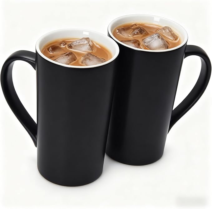 20 OZ Large Diner Coffee Mugs,Tall Beer Cups,Matte Black Couple's Cups with Handle,Oversized Cylindrical Design Modern Ceramic Tea Cup for Dad Mom Friends Gift.Set of 2