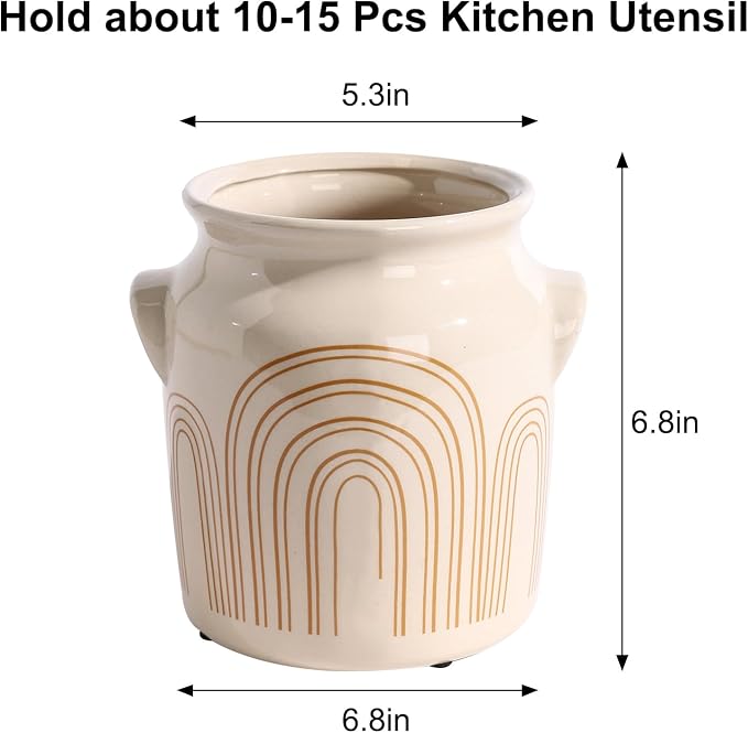 Ceramic Farmhouse Kitchen Utensil Holder for Countertop, Rustic Cooking Utensil Holder Crock Fit for Kitchen Counter. Arch Pattern 5.3 x 5.3 x 6.8 IN